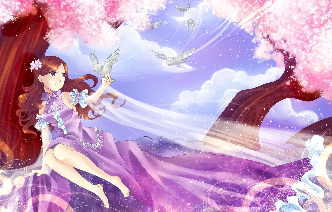 Photo wallpaper the sky, look, trees, hair, anime, dress, day. birds