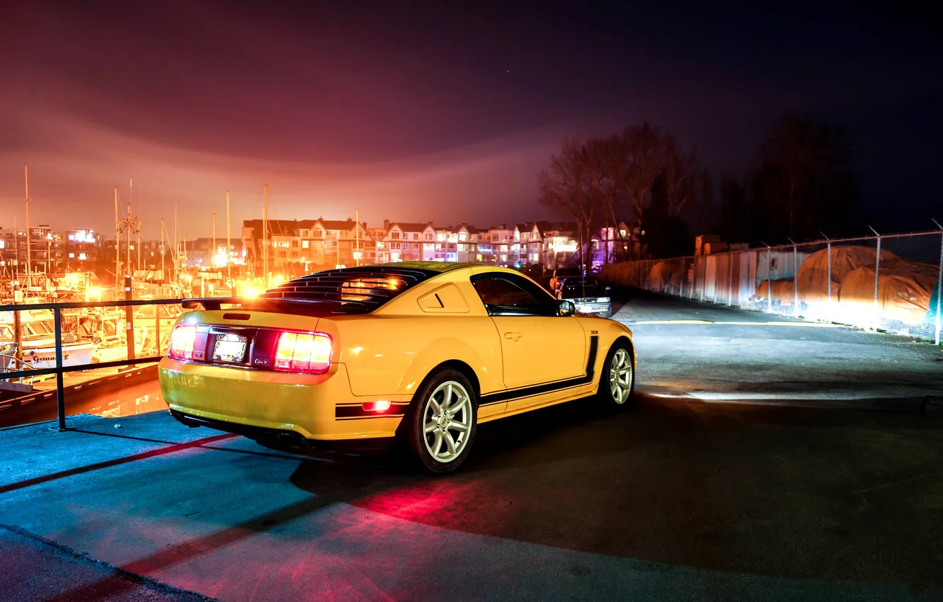Photo wallpaper yellow, reflection, Mustang, Ford, shadow, Mustang, Ford, yellow