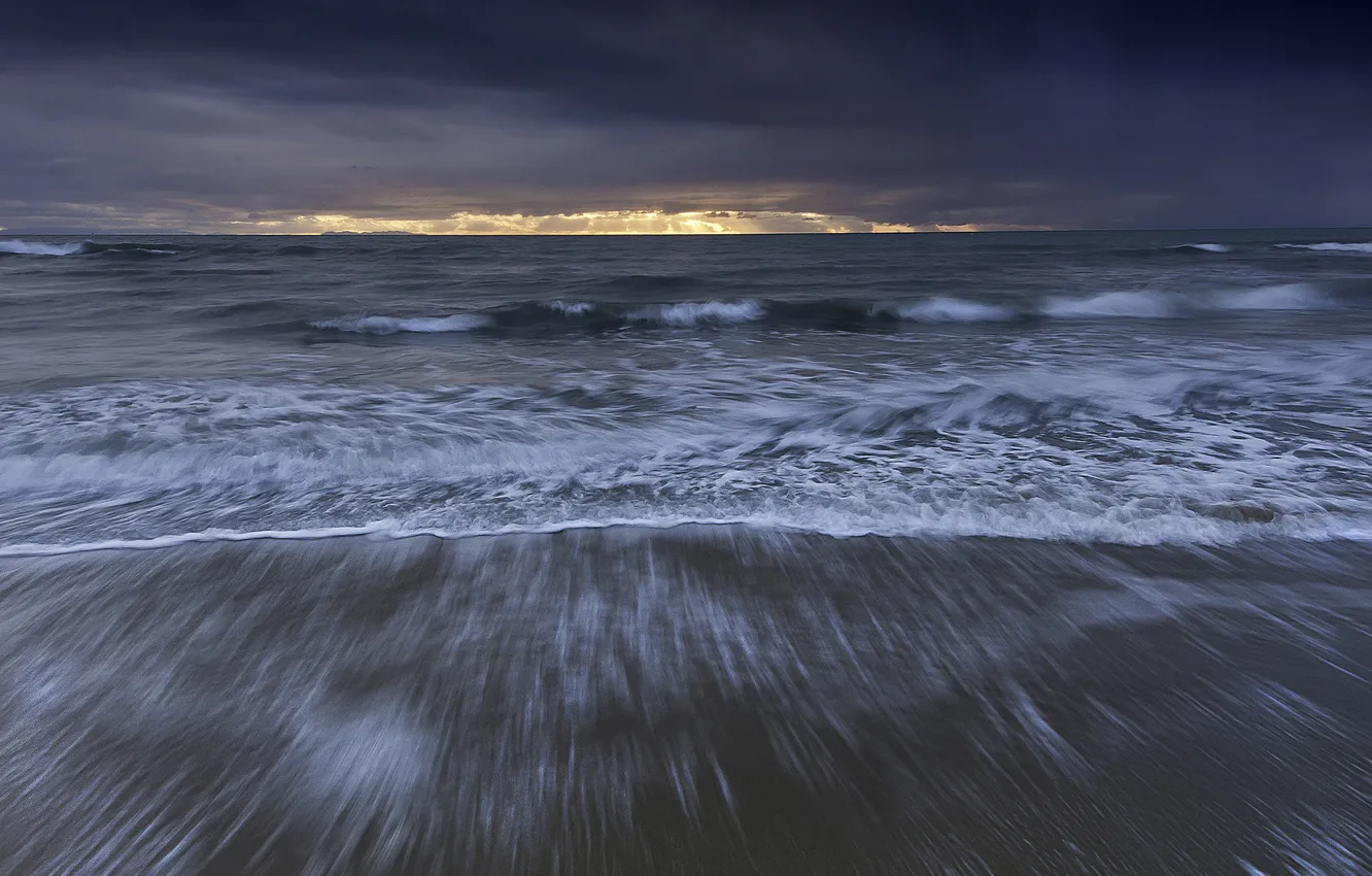 Photo wallpaper sea, wave, clouds, horizon, sunlight