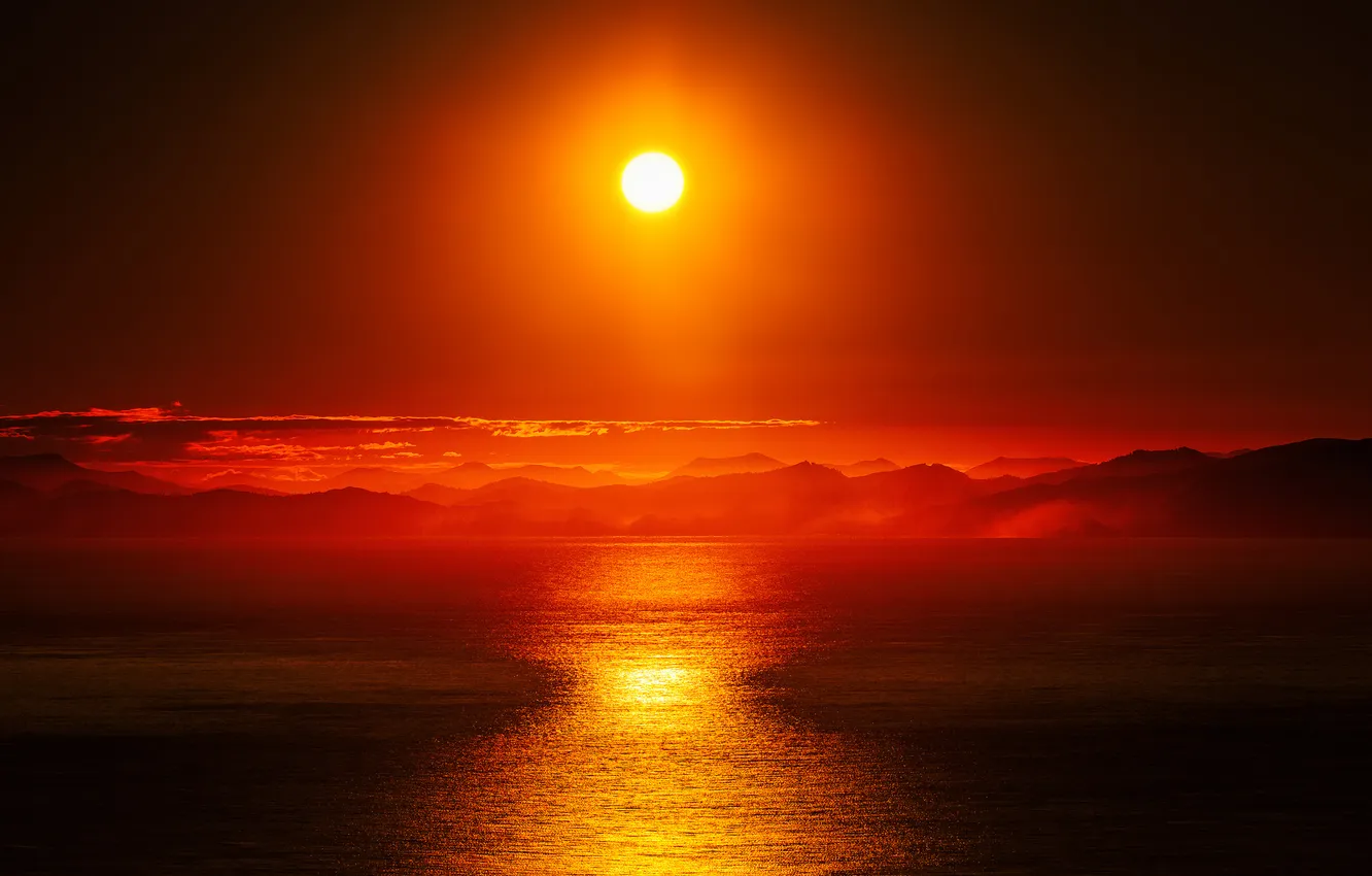 Photo wallpaper sea, the sky, the sun, clouds, sunset, mountains, glow