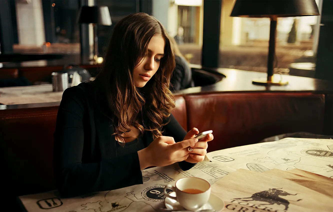 Photo wallpaper girl, fashion, model, beauty, coffee, cafe, Polina