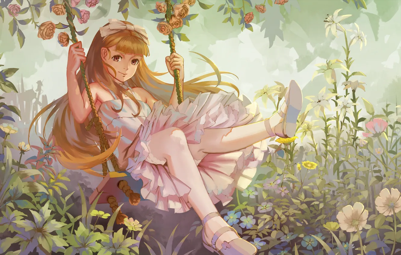 Photo wallpaper flowers, swing, anime, art, girl