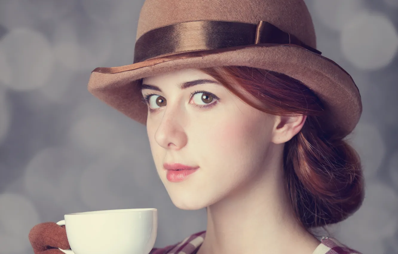 Photo wallpaper look, girl, Cup, brown hair, hat, hairstyle, elegance, brown-eyed