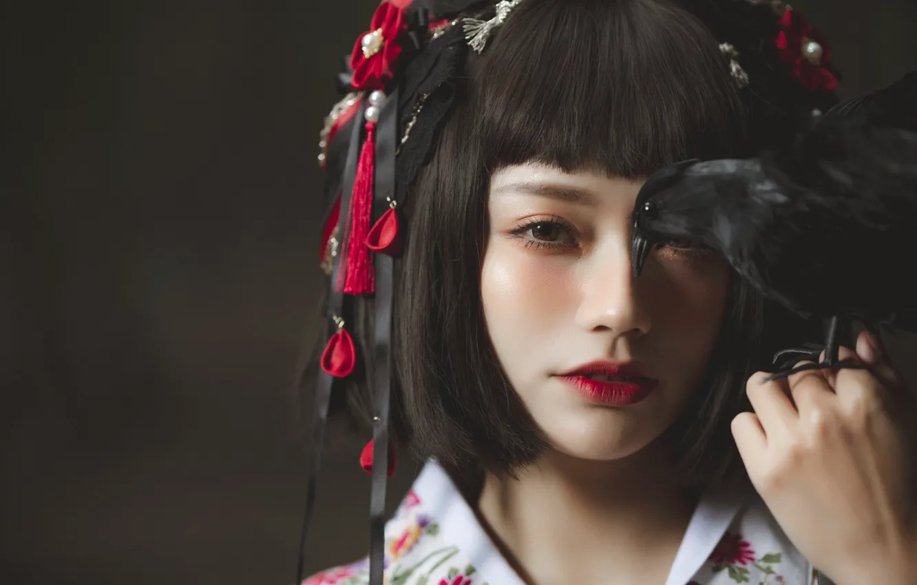 Photo wallpaper girl, face, background, model, Asian, crow