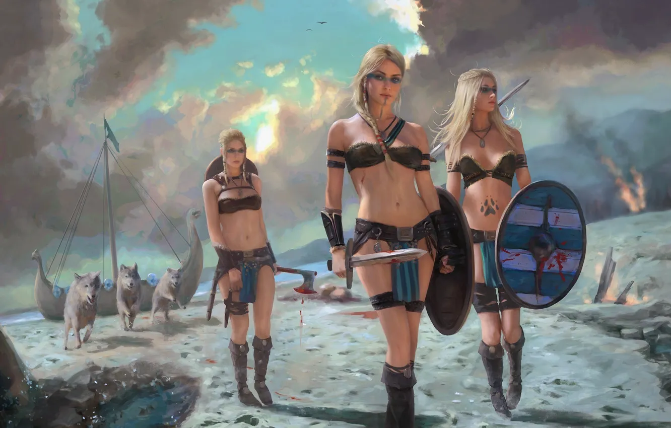 Photo wallpaper sand, girl, wolf, sword, art, blonde, axe, shield