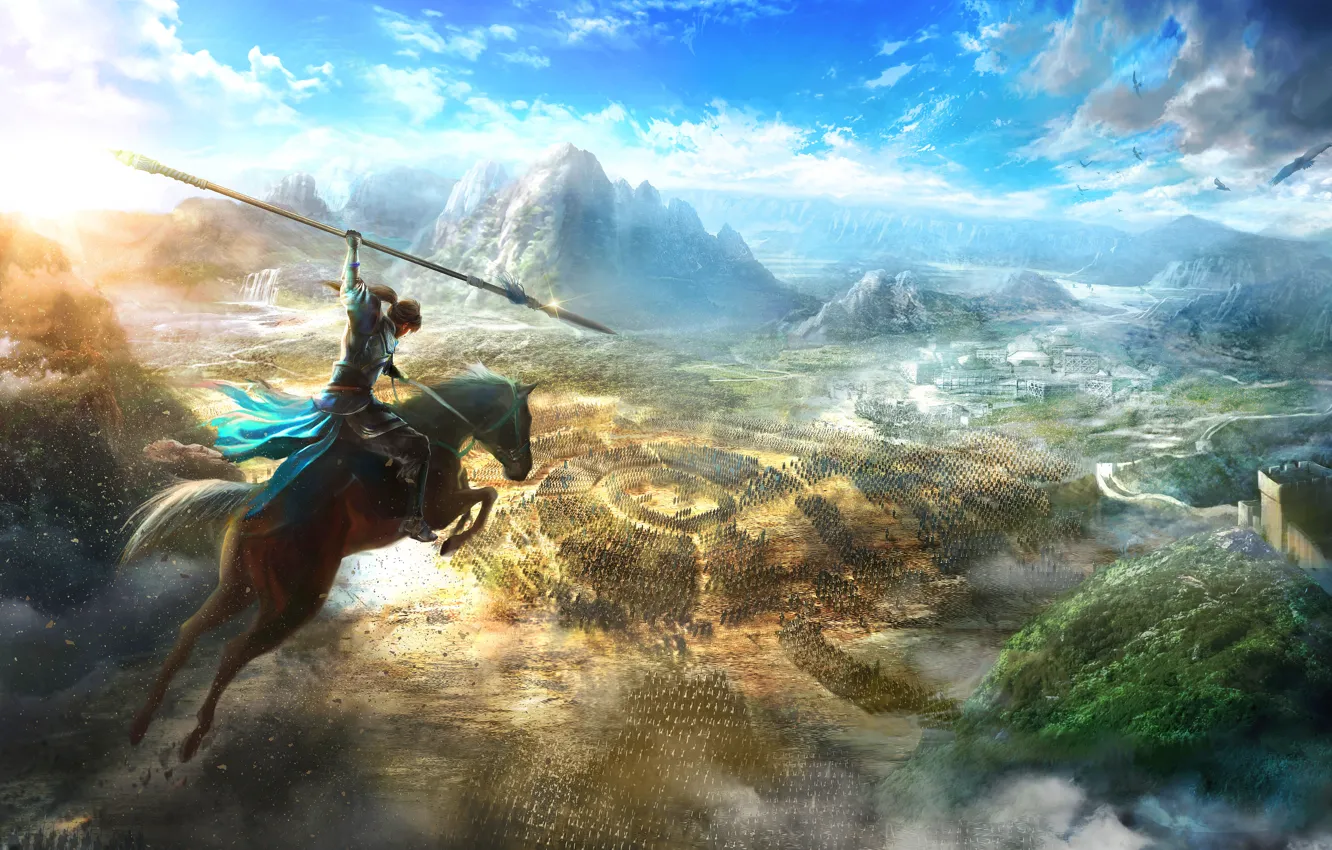 Photo wallpaper Mountains, Horse, The game, Jump, Clouds, Warrior, Game, Spear