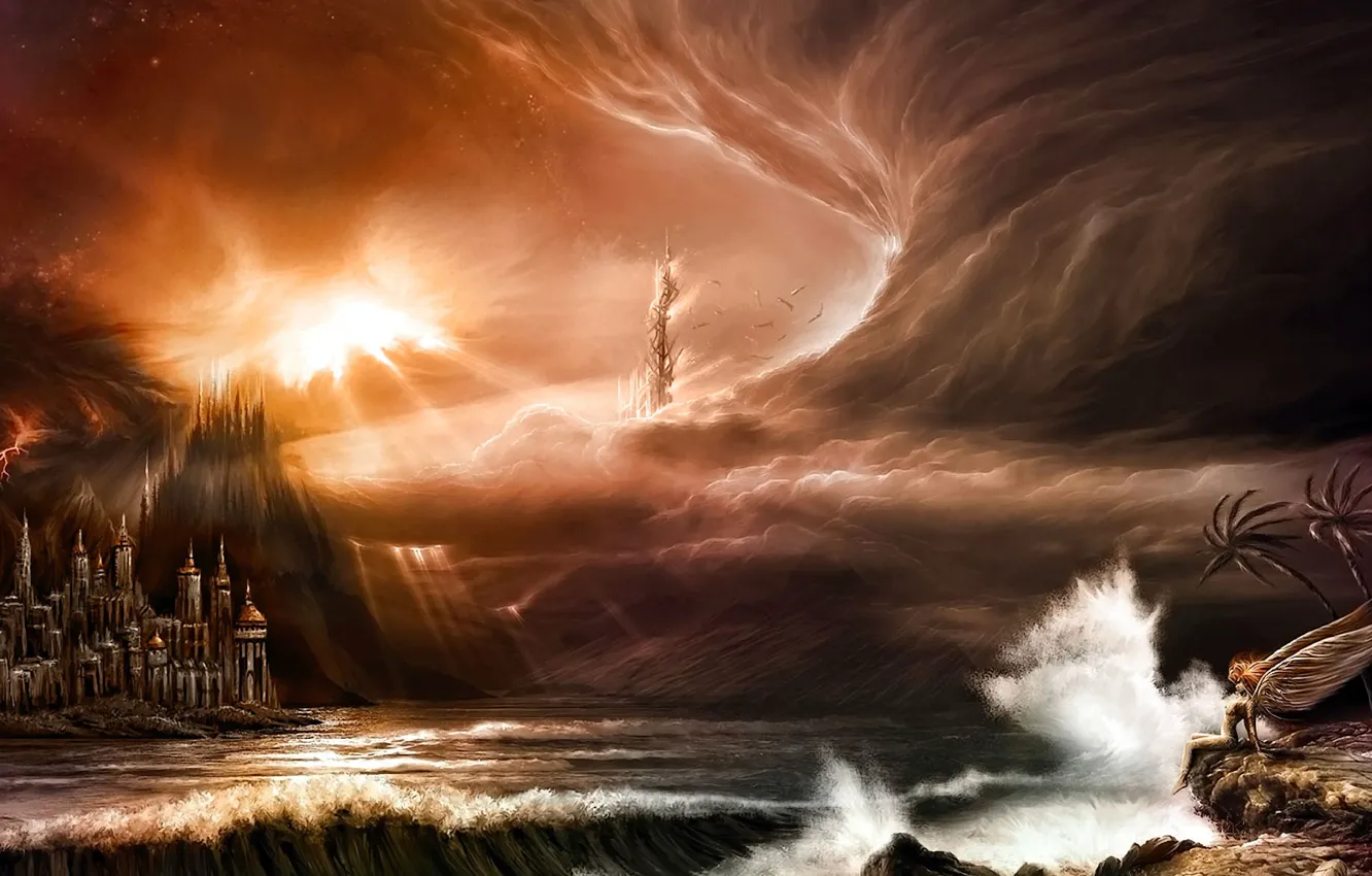 Photo wallpaper the storm, wave, the sky, rays, squirt, clouds, the ocean, shore