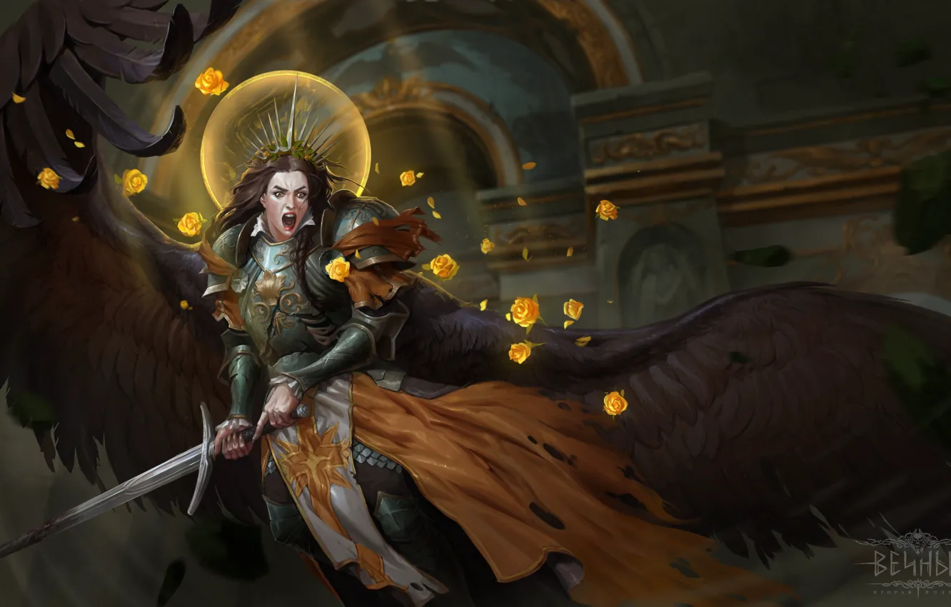 Photo wallpaper look, weapons, black, woman, wings, sword, armor, fantasy