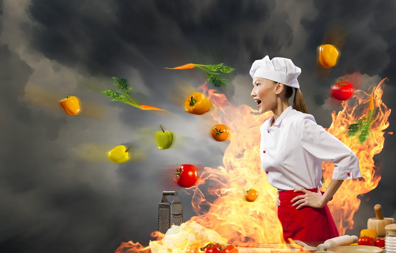 Photo wallpaper girl, creative, fire, cook, Asian, vegetables, tomatoes, carrots