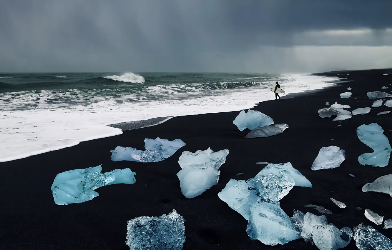 Photo wallpaper ice, sea, shore, windsurfer