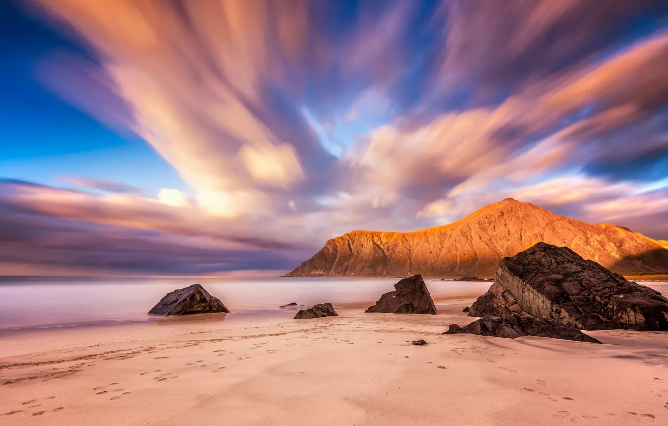Photo wallpaper sand, sea, beach, the sky, clouds, landscape, mountains, traces