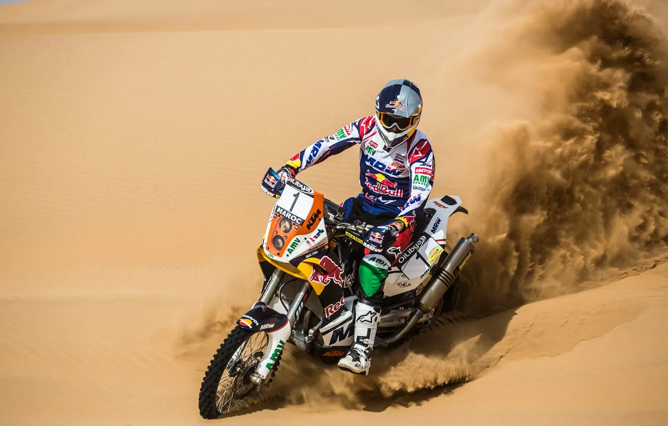 Photo wallpaper Sand, Motorcycle, Racer, Red Bull, Rally, Dakar, Gas, Equipment