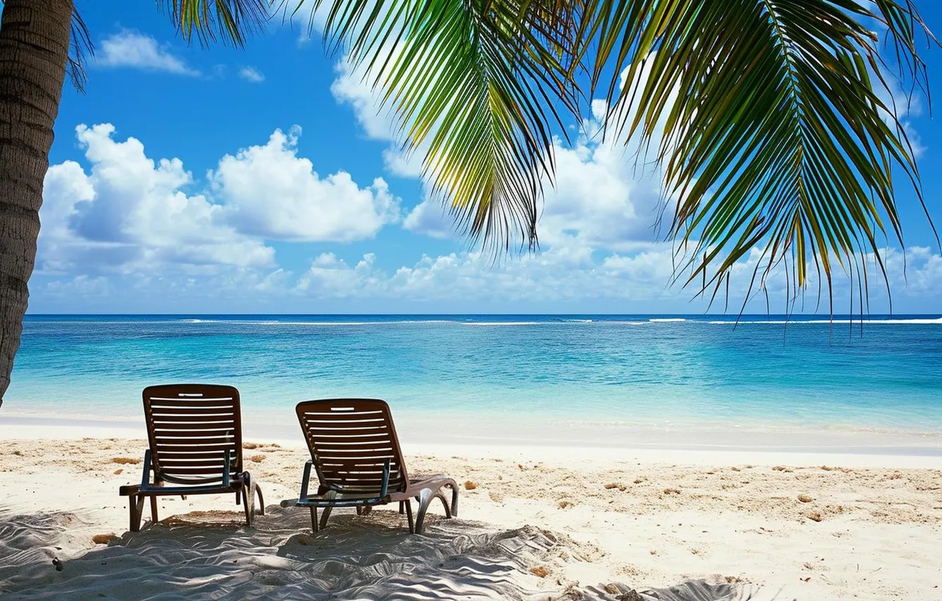 Photo wallpaper sand, sea, wave, beach, summer, the sky, palm trees, shore