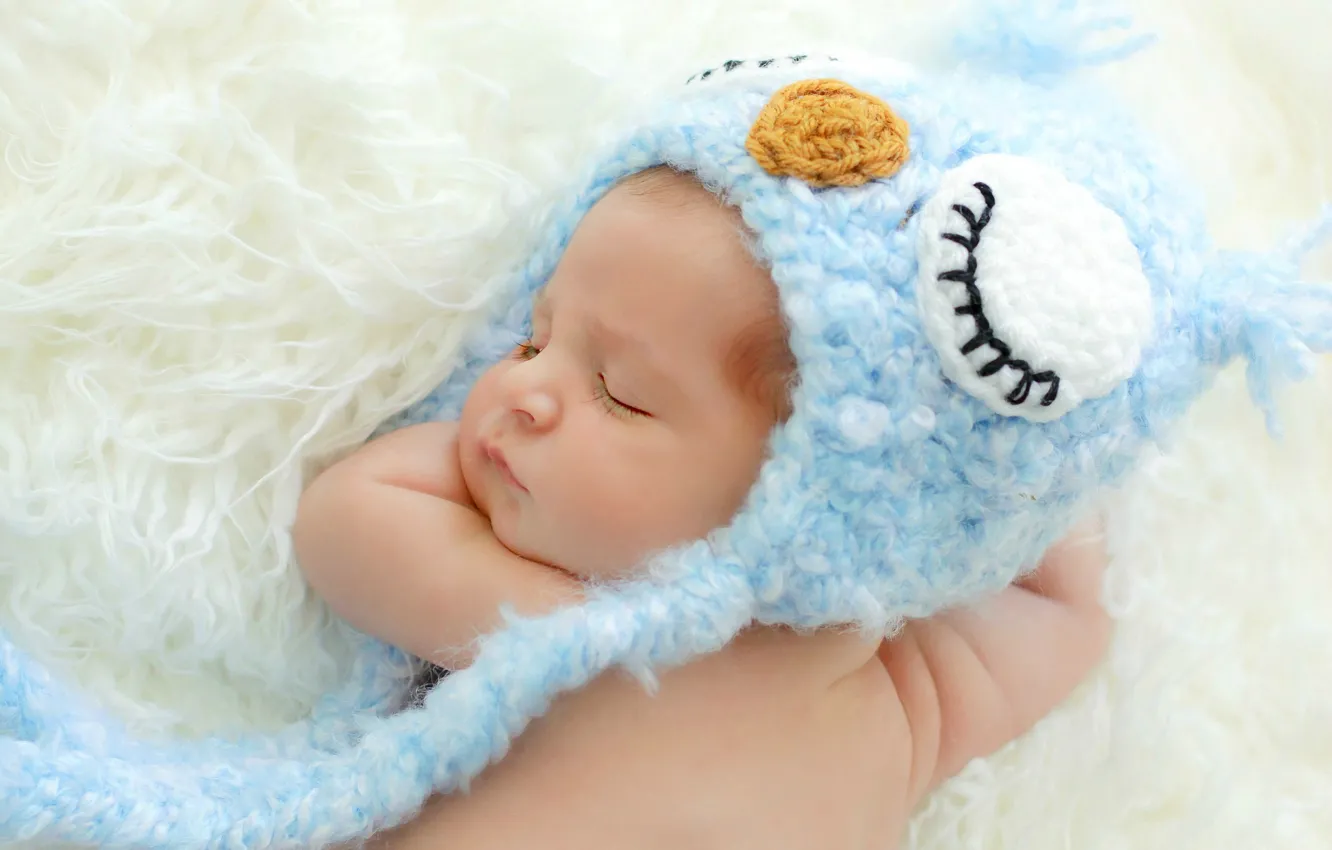Photo wallpaper owl, child, baby, sleeping, cap, baby, blue