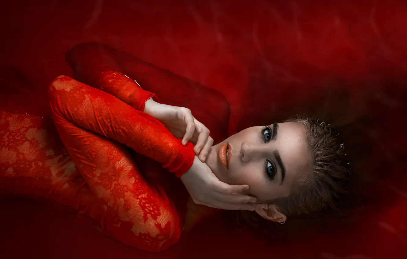 Photo wallpaper girl, fantasy, in red, water, wildfire, Sea of Fire