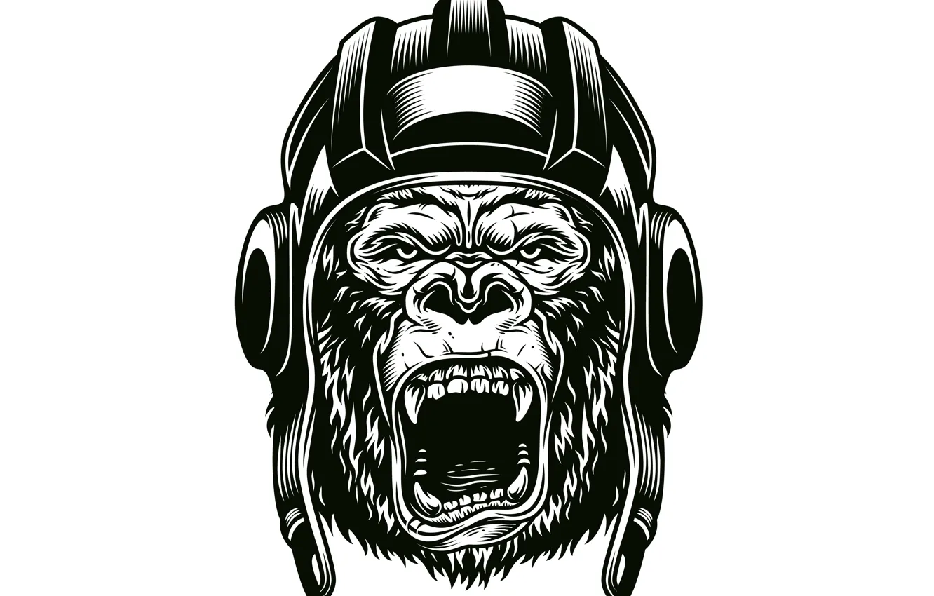 Photo wallpaper look, face, art, gorilla, fangs, grin, white background, helmet