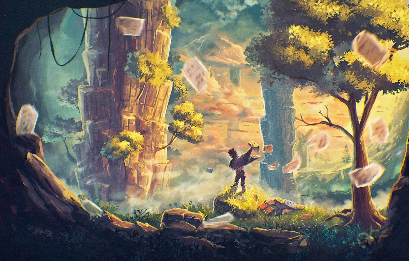 Photo wallpaper trees, clouds, rocks, the wind, boy, art