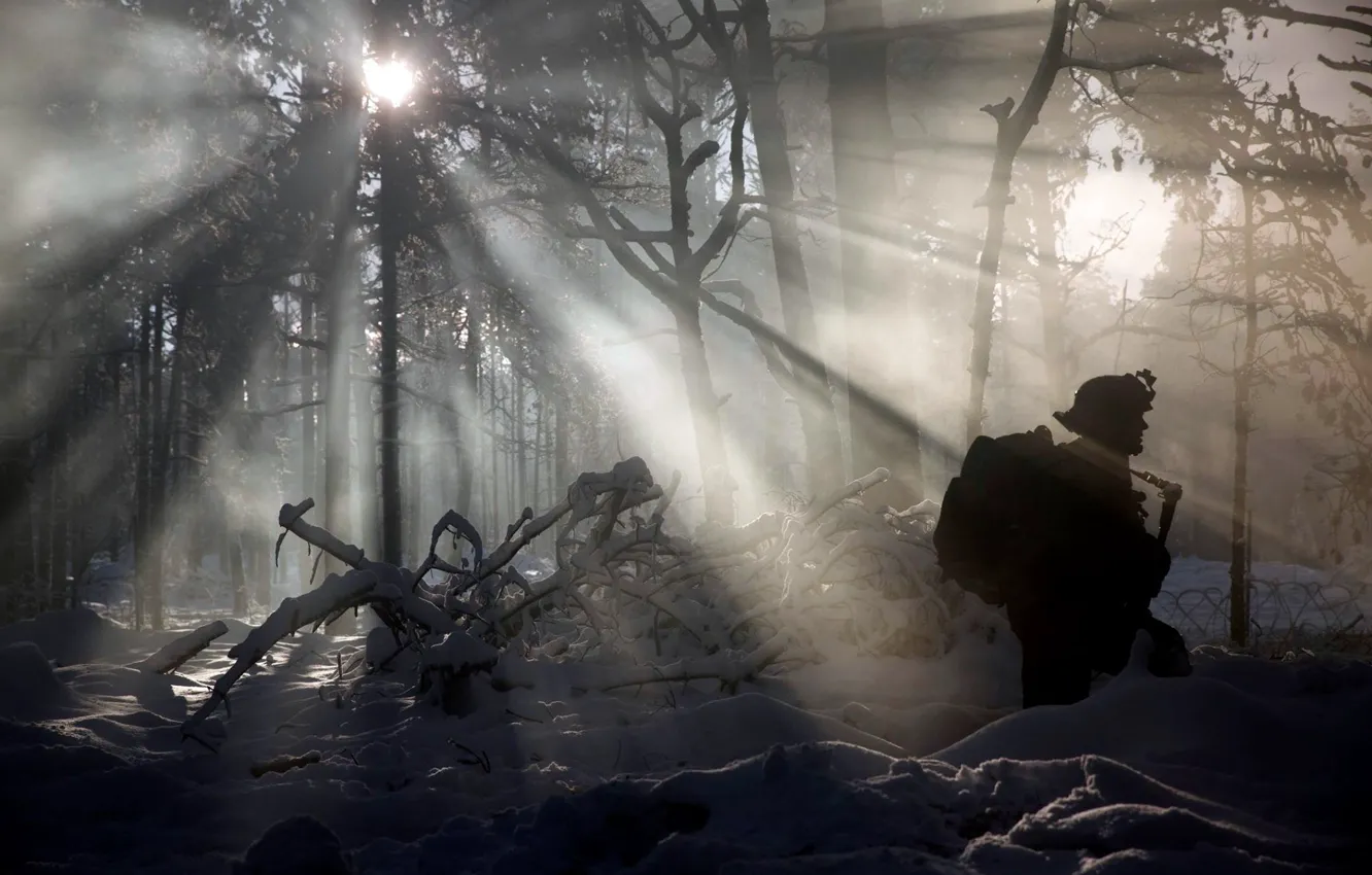 Photo wallpaper winter, forest, soldiers