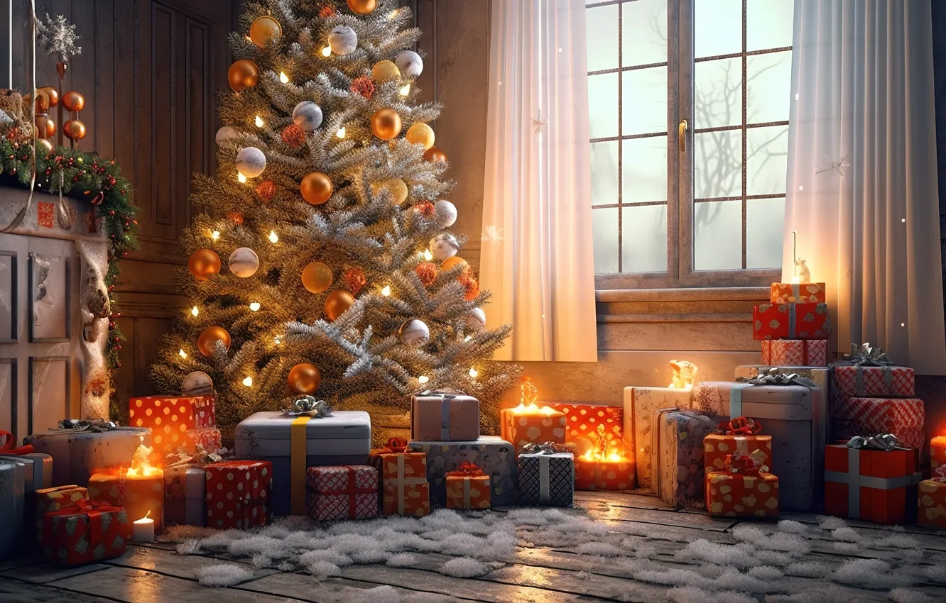 Photo wallpaper winter, decoration, room, gift, balls, tree, new year, interior