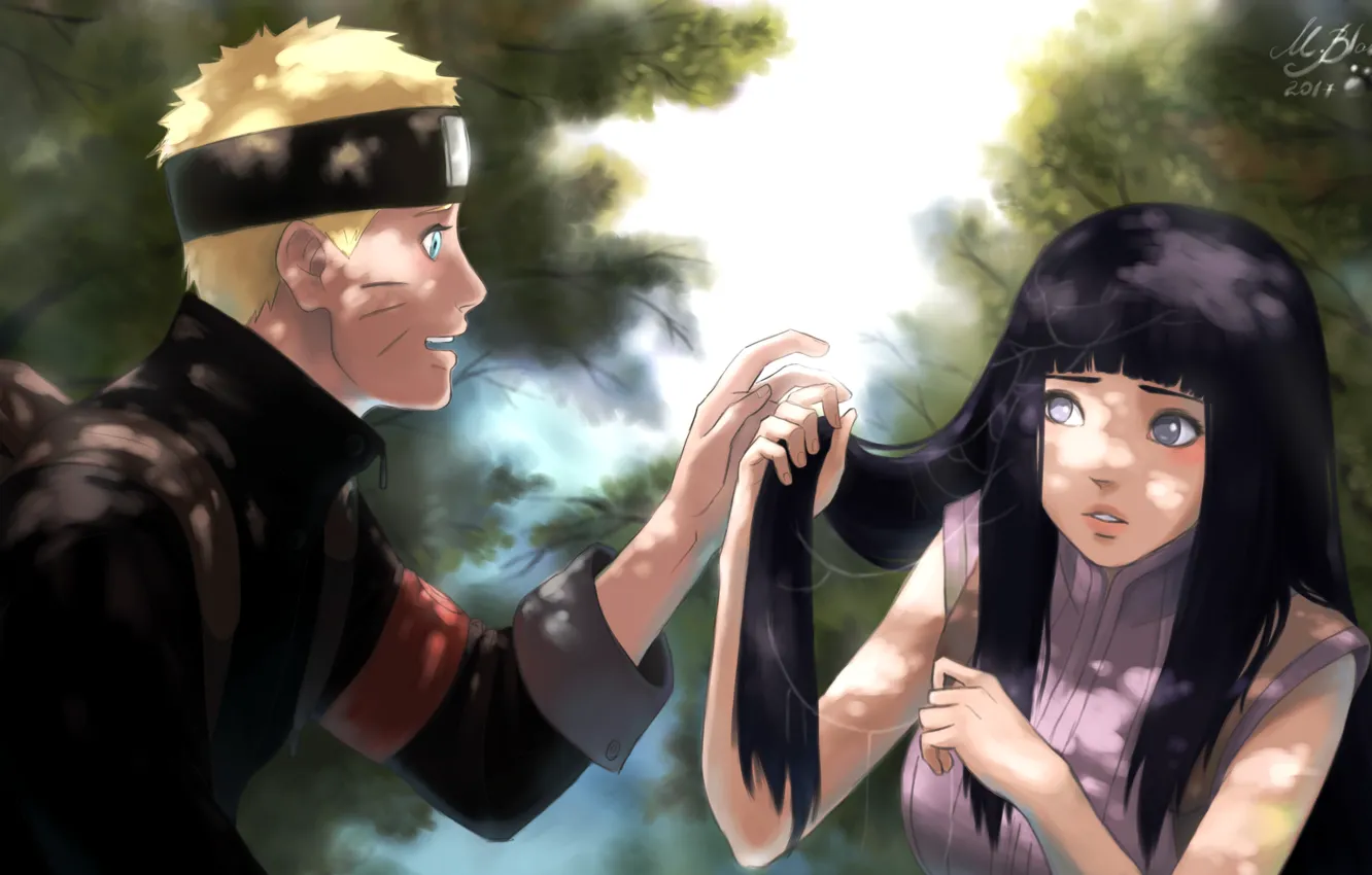 Photo wallpaper girl, web, guy, Naruto, art, Hyuuga Hinata, Uzumaki Naruto, by BlackMarlb0r0