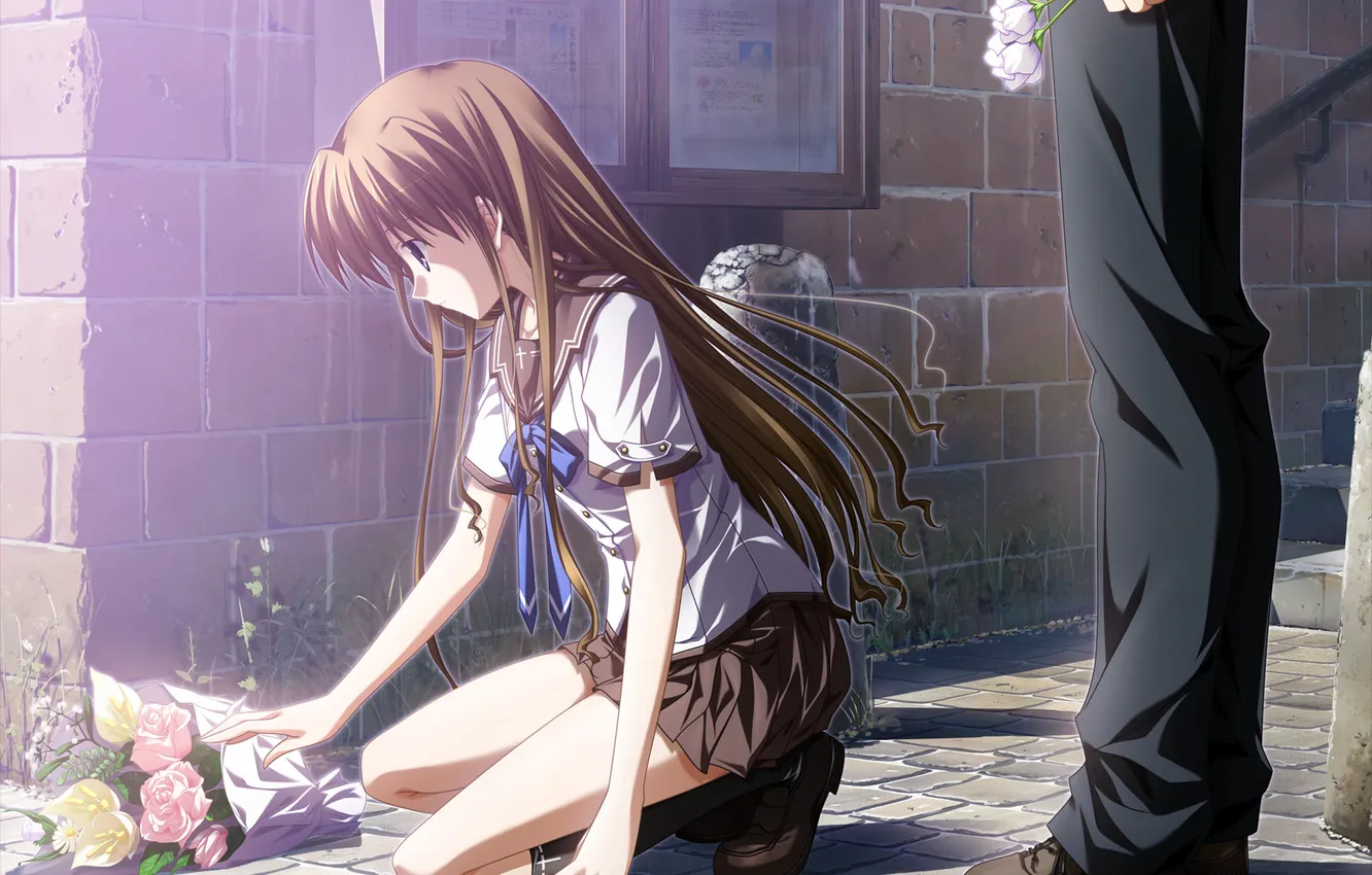 Photo wallpaper girl, flowers, bouquet, anime, guy