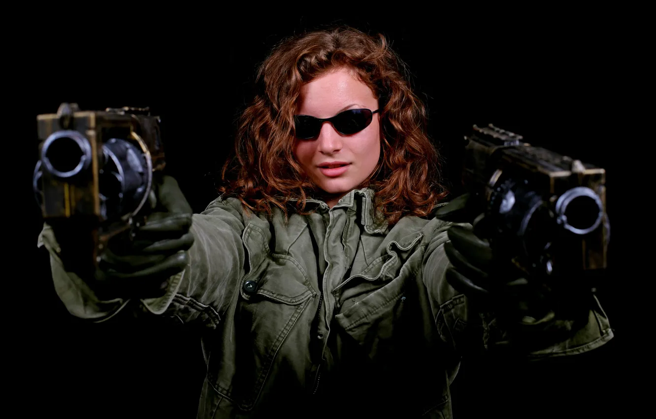 Photo wallpaper girl, face, hair, guns, glasses, jacket