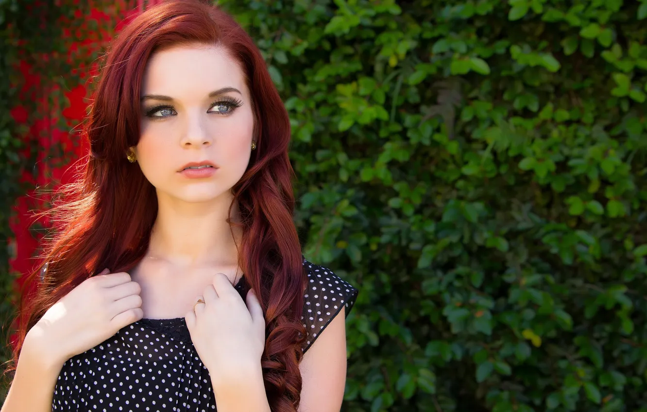 Photo wallpaper greens, look, girl, redhead, earrings, blue-eyed