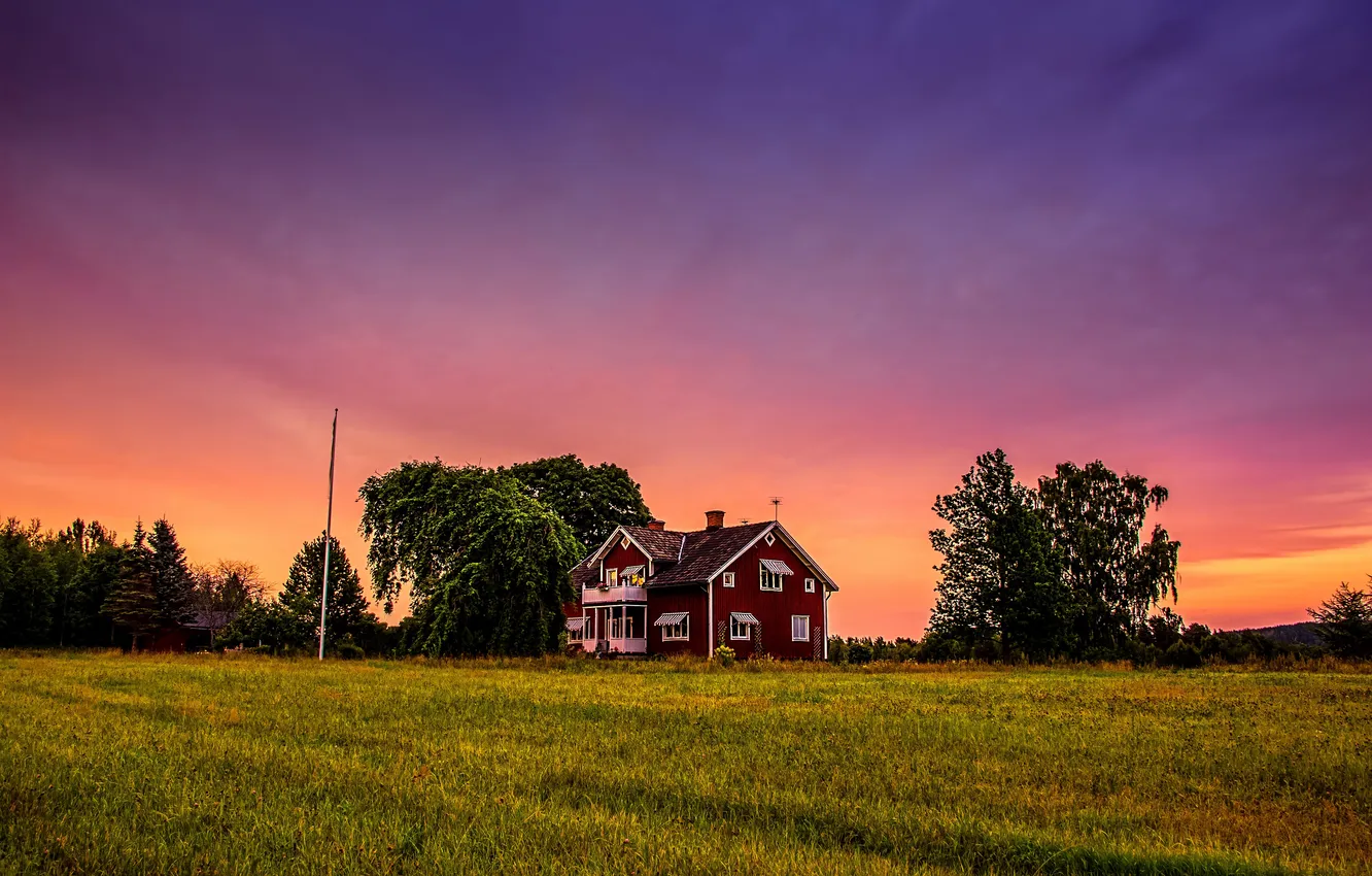 Photo wallpaper field, trees, sunset, house, farm