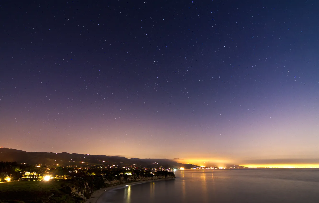 Photo wallpaper sea, the sky, stars, lights, coast, California, Malibu