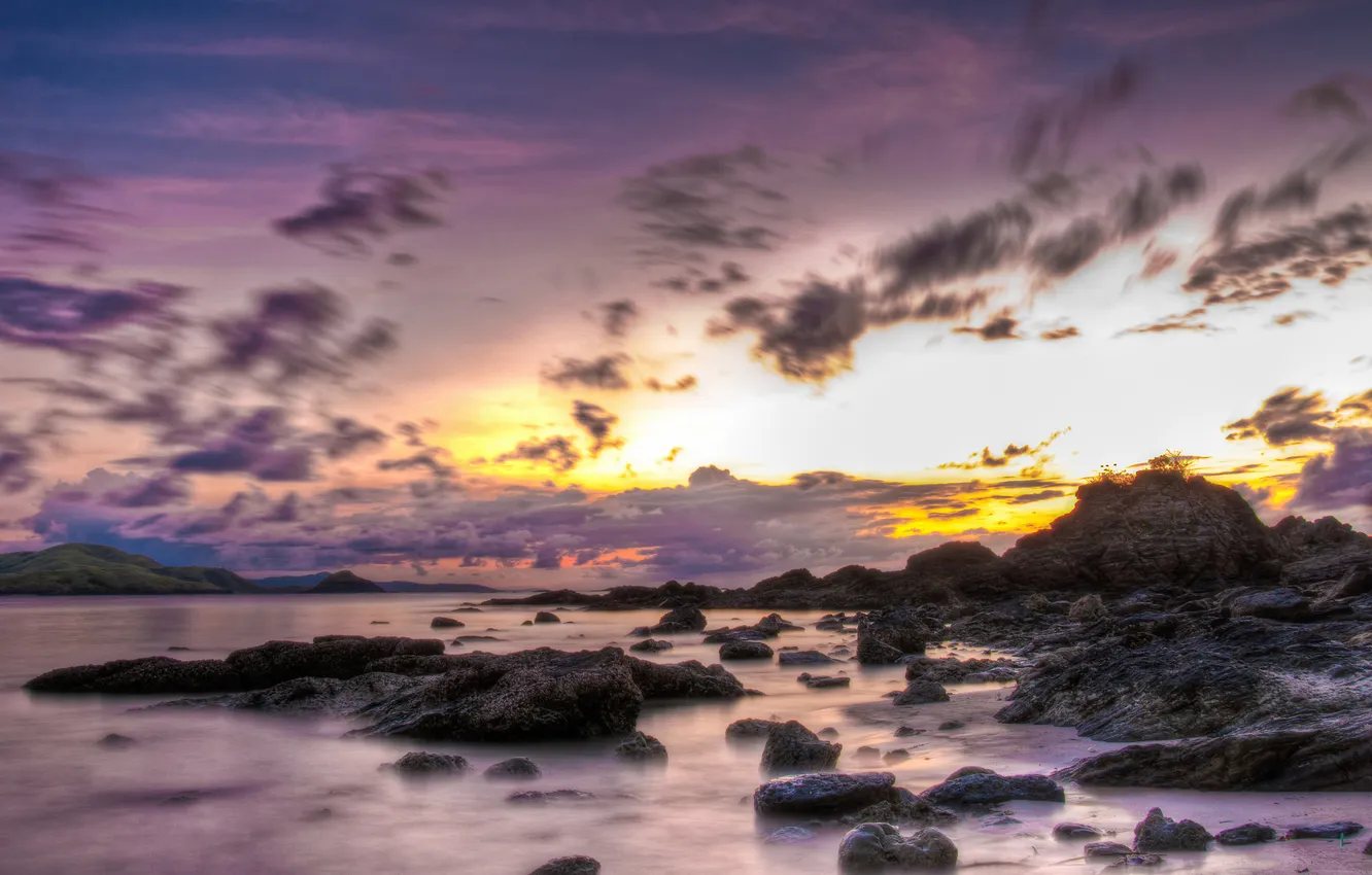 Photo wallpaper the sky, clouds, mountains, lake, stones, rocks, glow