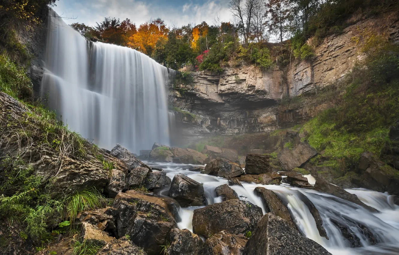Photo wallpaper autumn, trees, nature, rocks, waterfall