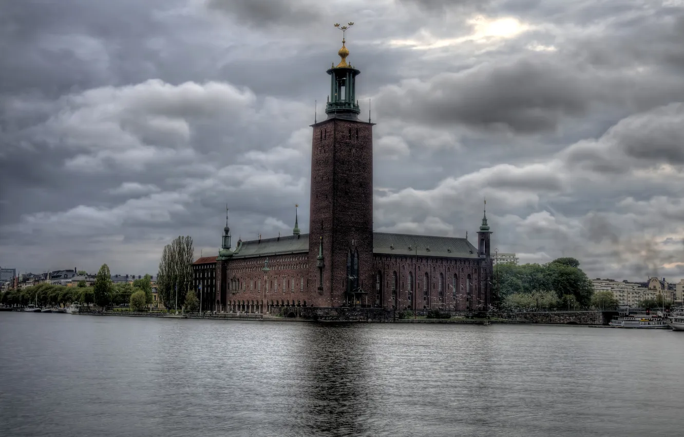 Photo wallpaper clouds, river, overcast, building, tower, Sweden, promenade, ship