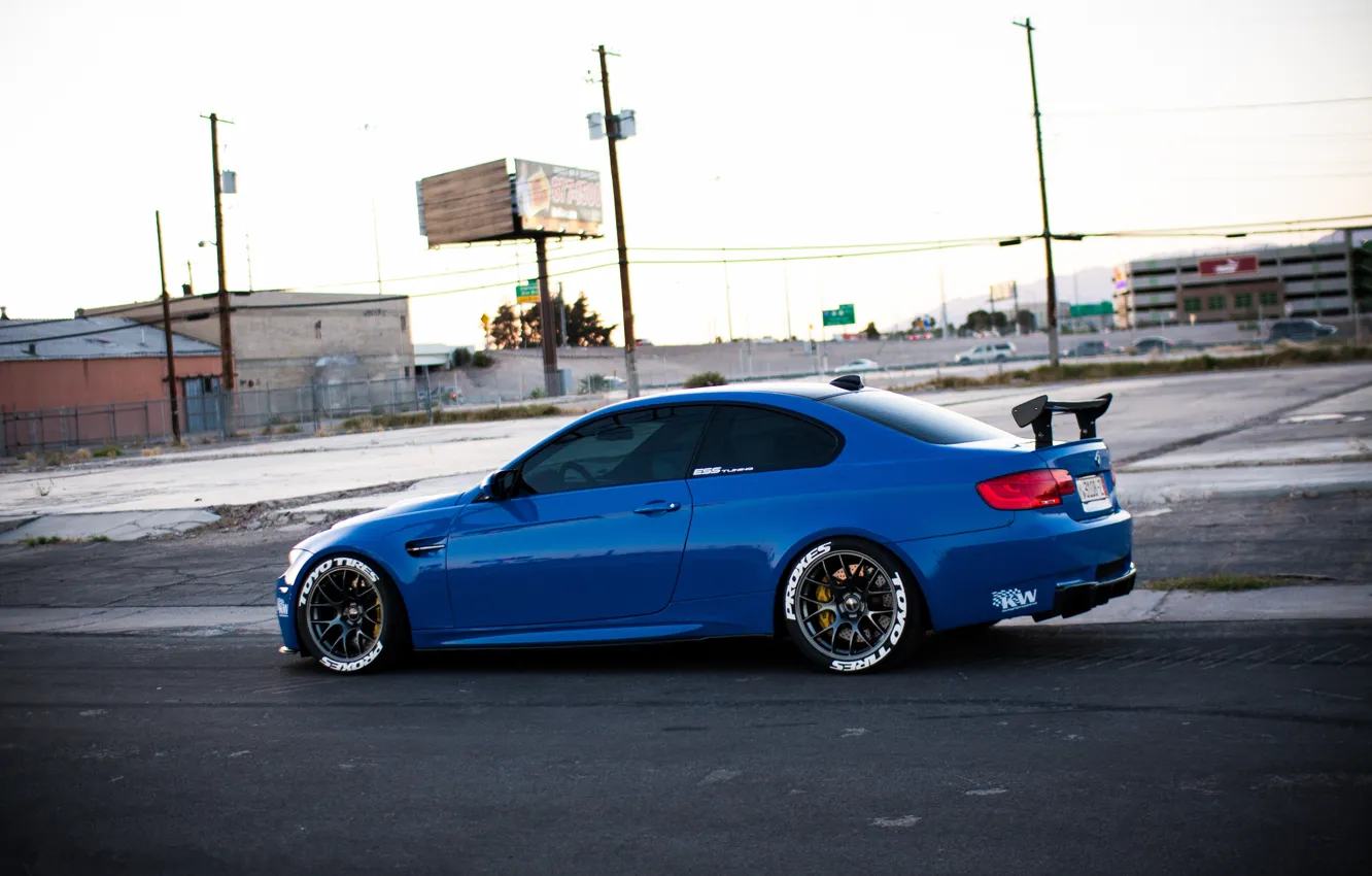 Photo wallpaper road, blue, street, bmw, BMW, side view, blue, e92