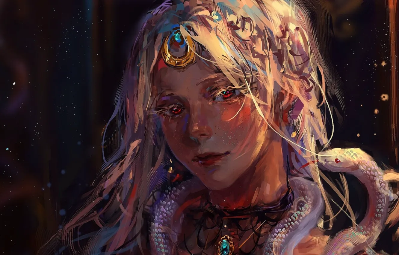 Photo wallpaper face, priestess, red eyes, white hair, brooch, white snake, by Luna Clarion