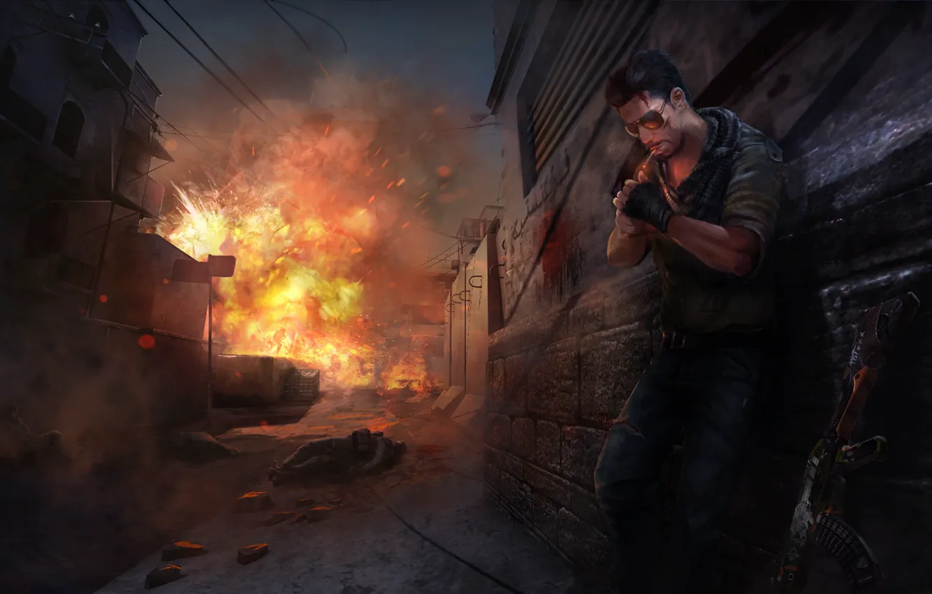 Photo wallpaper the explosion, fire, glasses, cigarette, male, game, Counter-Strike: Global Offensive, CS:GO