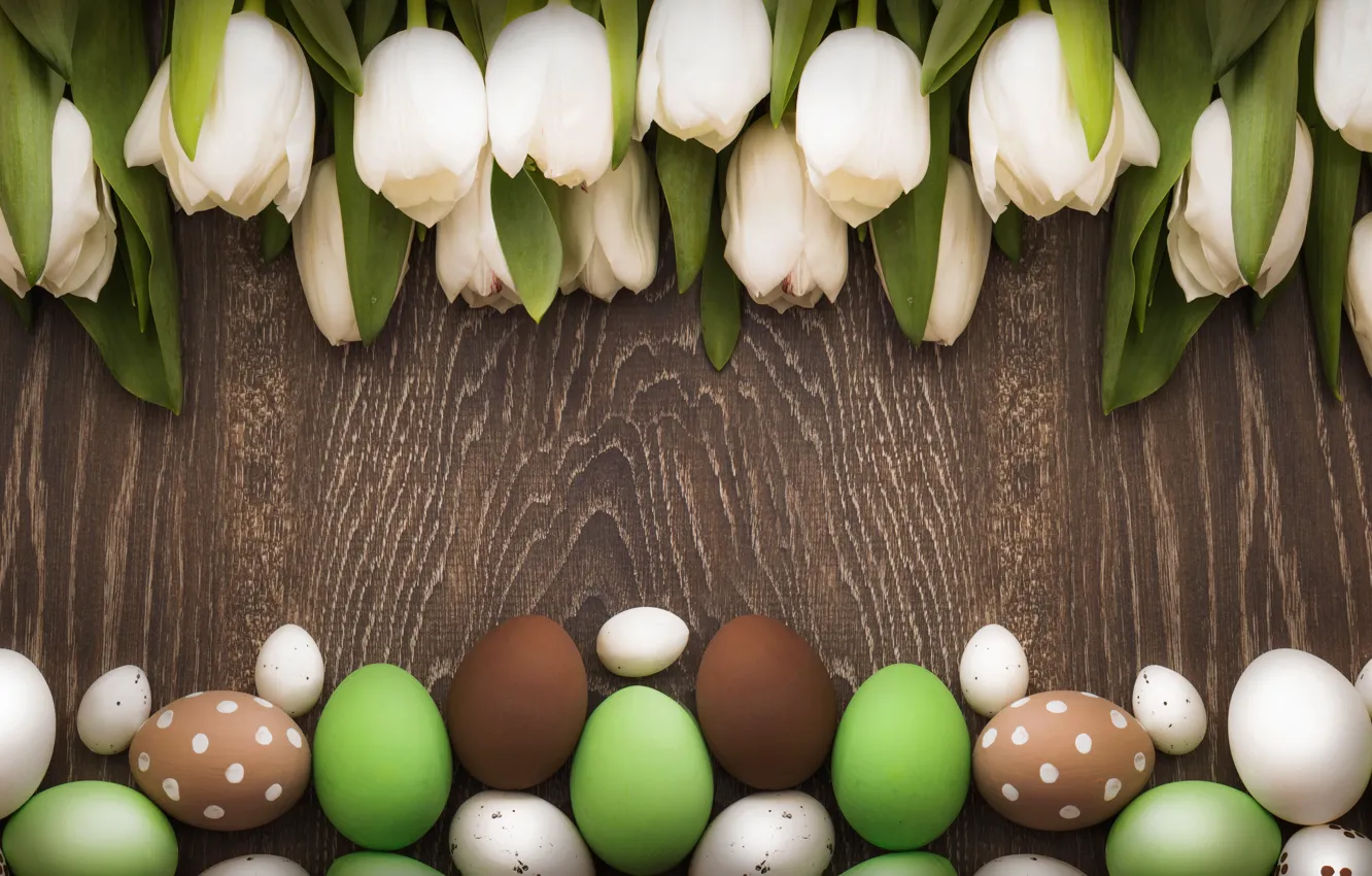 Photo wallpaper Easter, tulips, white, wood, tulips, spring, Easter, eggs