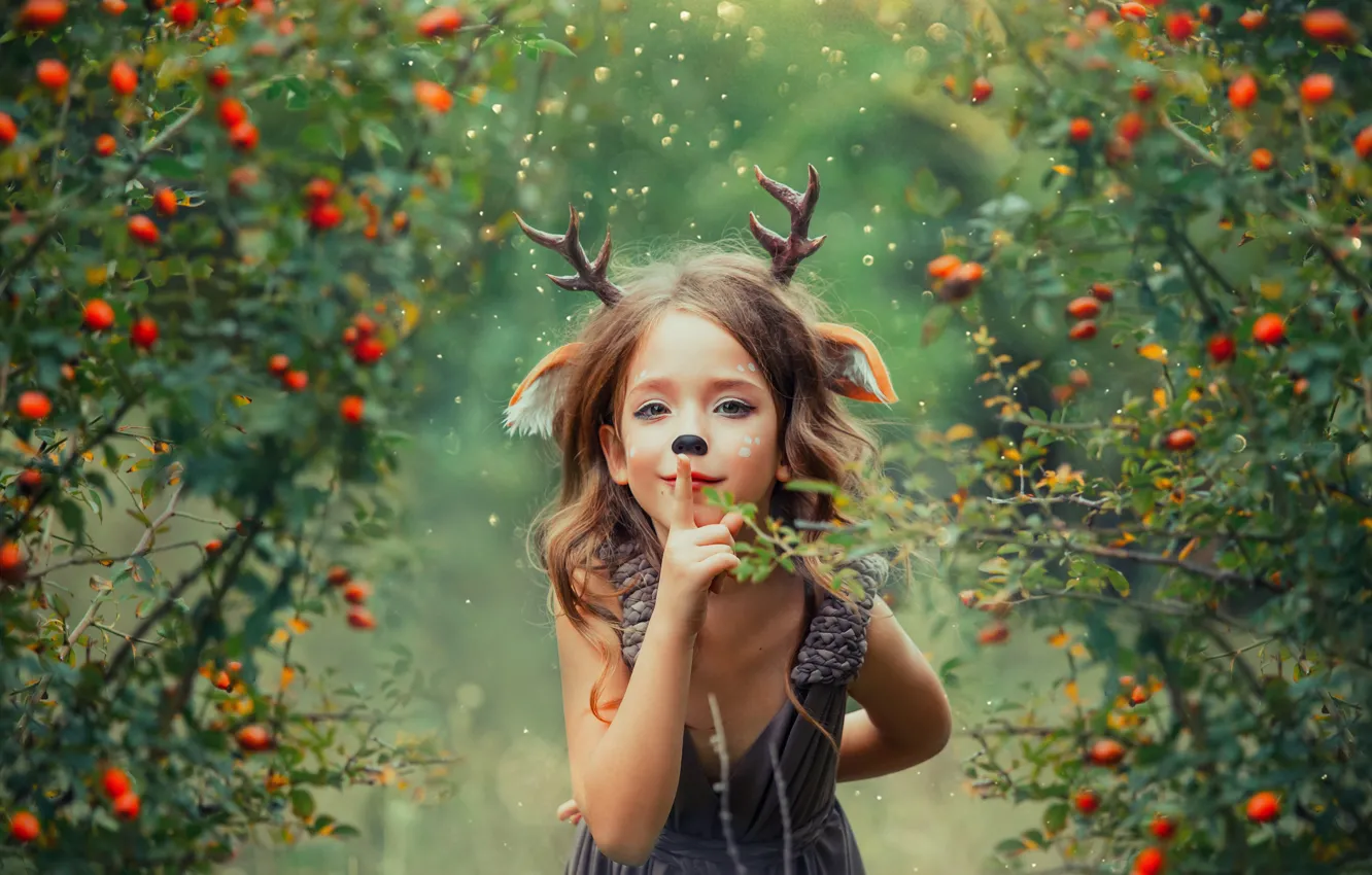 Photo wallpaper look, branches, nature, pose, portrait, deer, makeup, dress