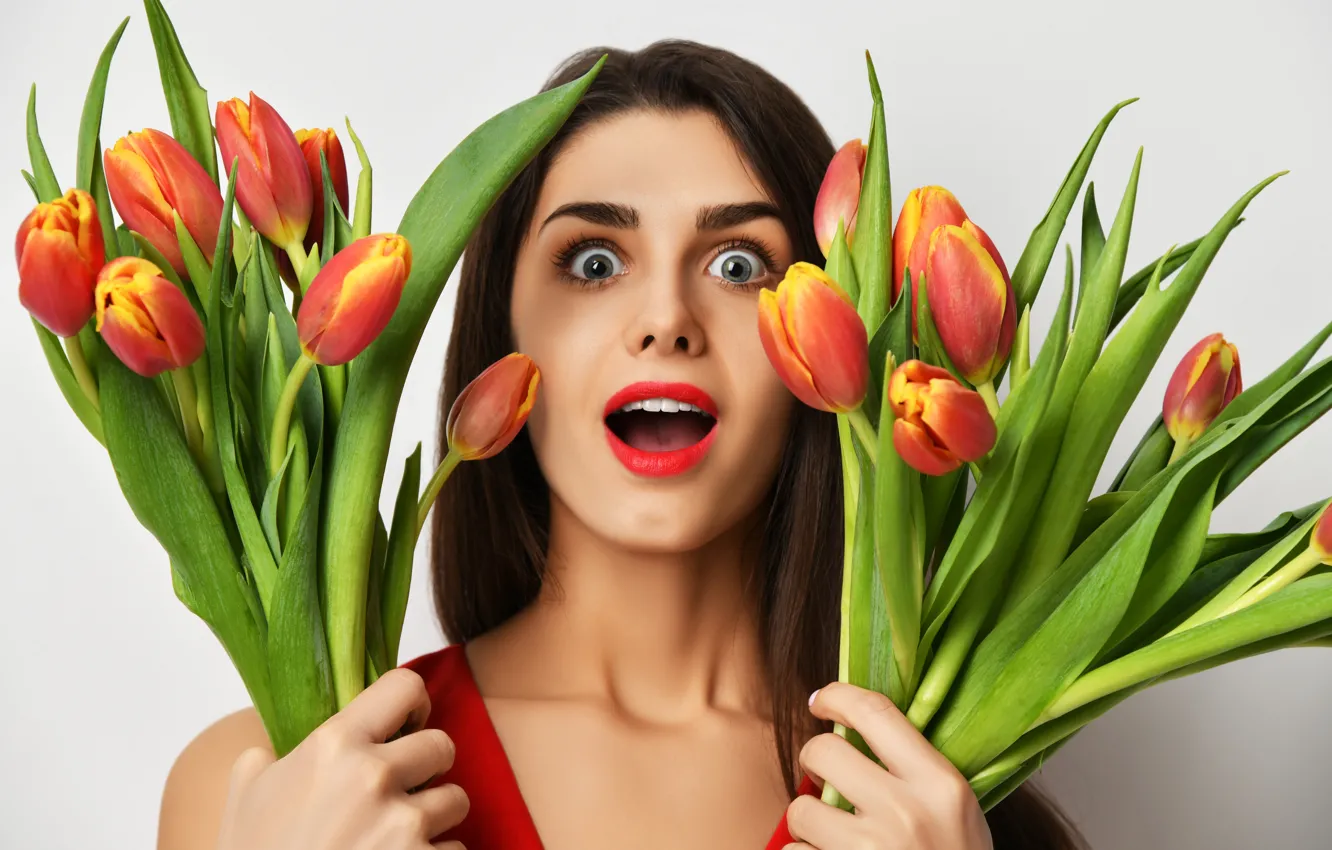 Photo wallpaper girl, flowers, face, background, surprise, makeup, hairstyle, tulips