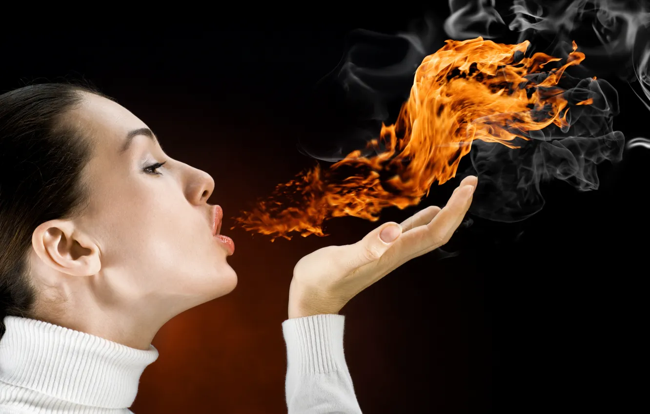 Photo wallpaper girl, fire, smoke, breath, Flames