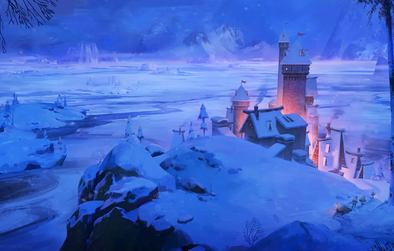 Photo wallpaper fantasy, night, winter, mountain, snow, castle, digital art, artwork