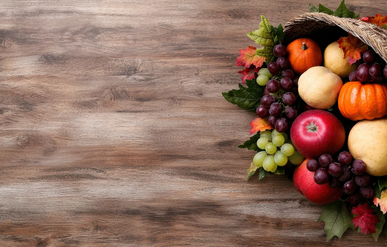 Photo wallpaper leaves, red, green, apples, Board, harvest, grapes, pumpkin