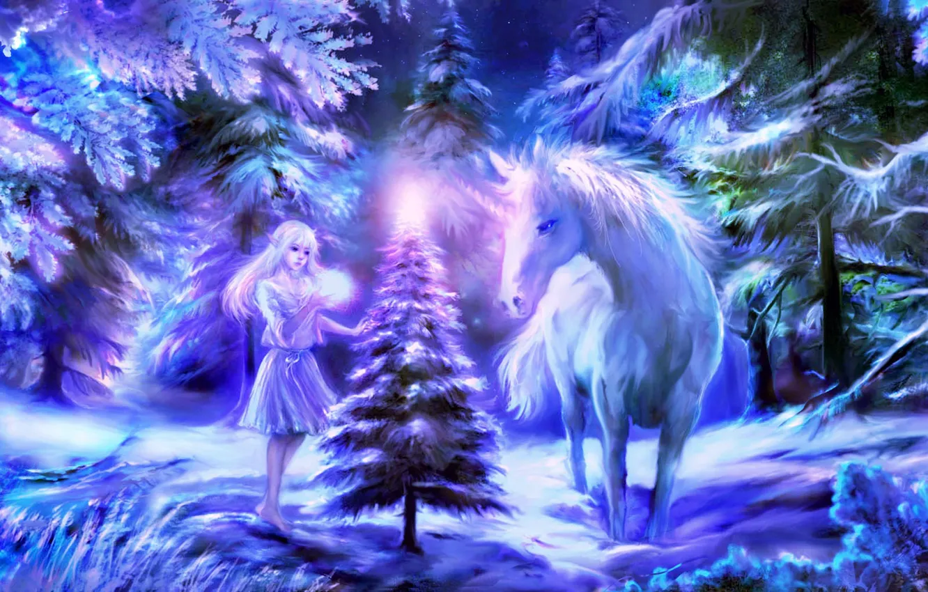 Photo wallpaper winter, forest, tree, Christmas, unicorn, elf