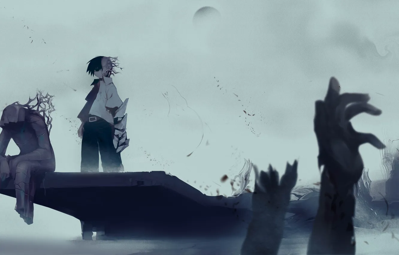 Photo wallpaper fog, monster, boy, corpses, postapokalipsis, mutant, the gray sky, the maelstrom