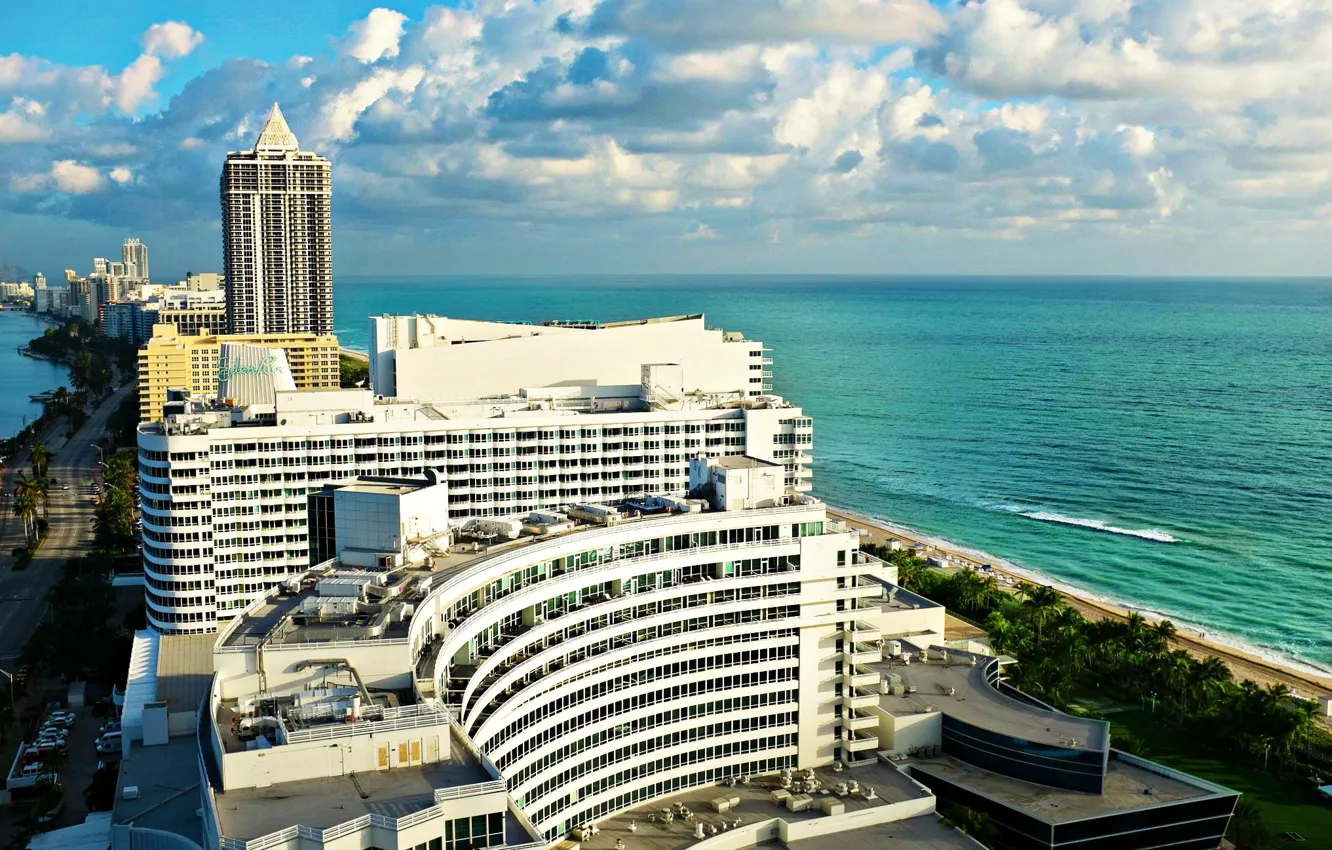 Photo wallpaper city, Miami, beach, tower, ocean, sunset, buildings, Miami Beach