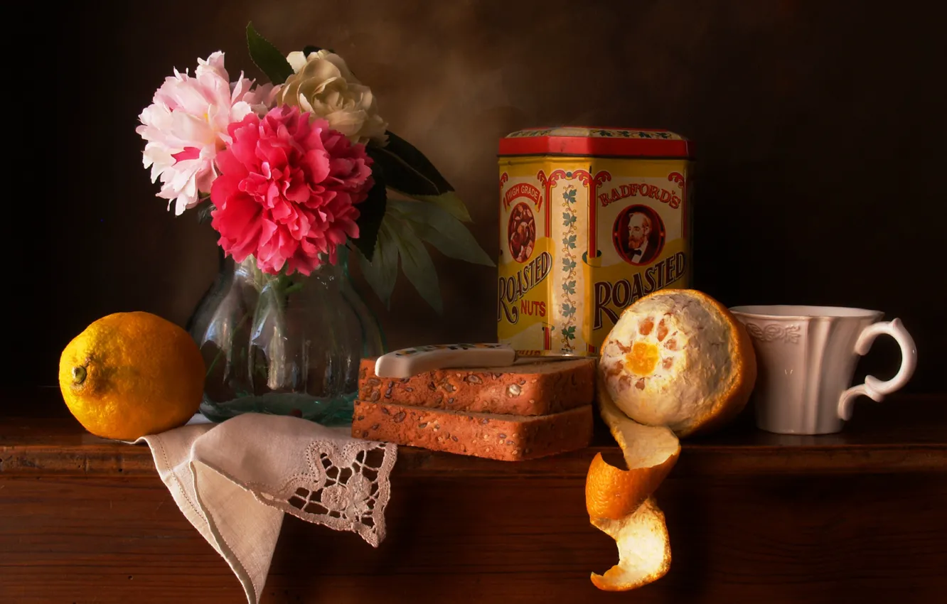 Photo wallpaper flowers, box, lemon, orange, bread, Cup, still life