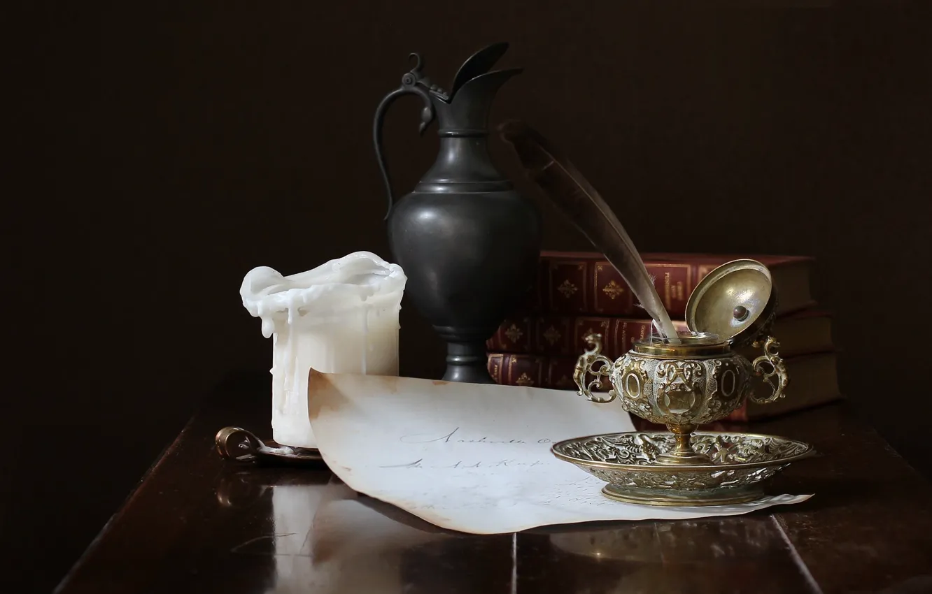 Photo wallpaper candles, book, pitcher, still life, ink