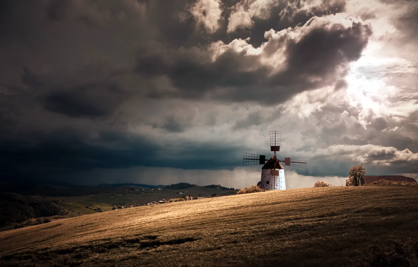 Photo wallpaper field, landscape, rain, mill
