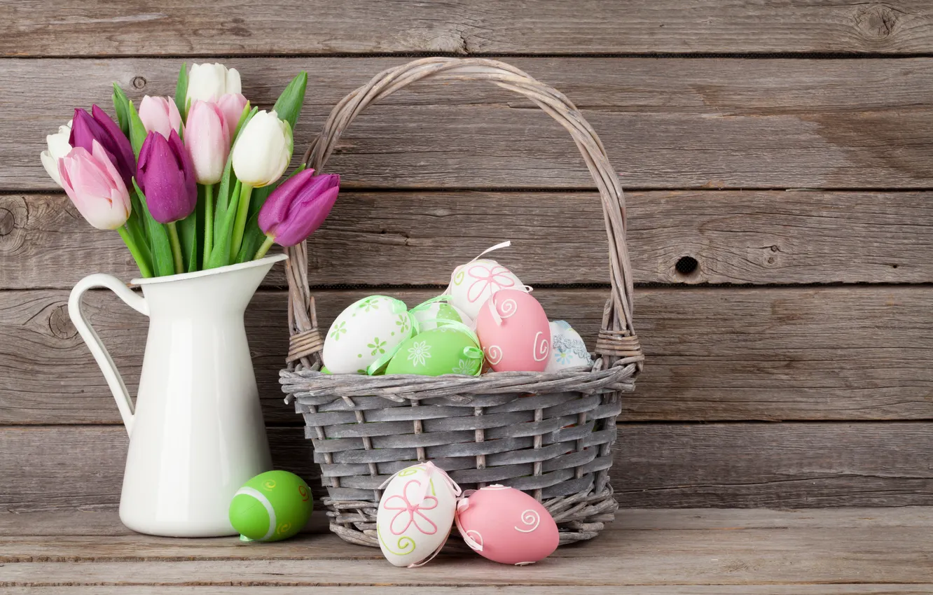 Photo wallpaper flowers, eggs, bouquet, spring, colorful, Easter, tulips, pink