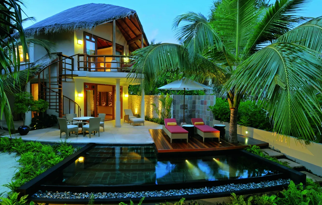 Photo wallpaper palm trees, Villa, the evening, pool, lighting, architecture, resort
