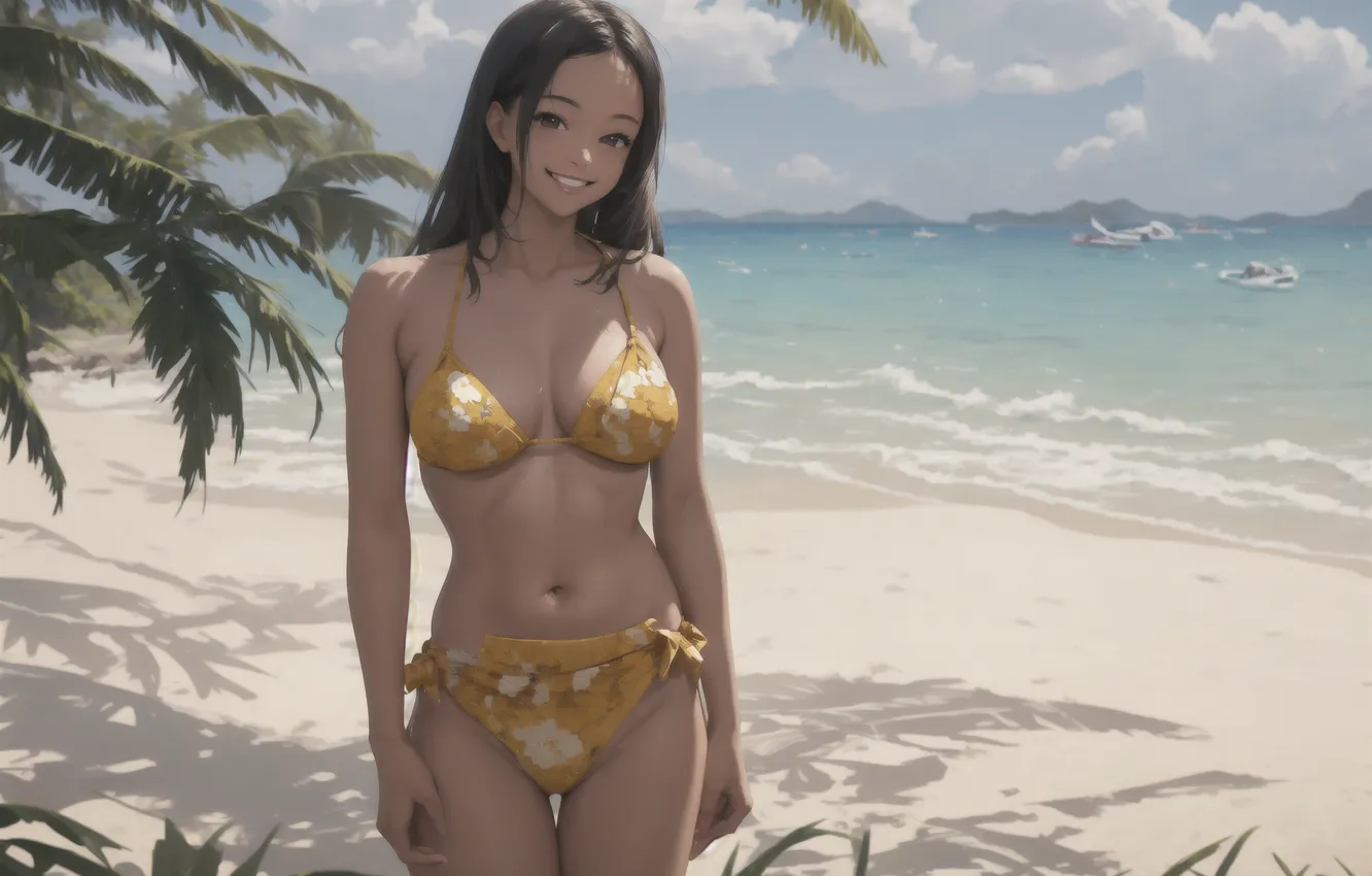 Photo wallpaper beach, anime girls, Yellow Bikini, AI Art